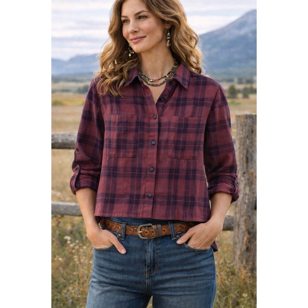 SELF CONTRAST Women's Lightweight Burgundy Plaid Cropped‎ Button Down- Size S
